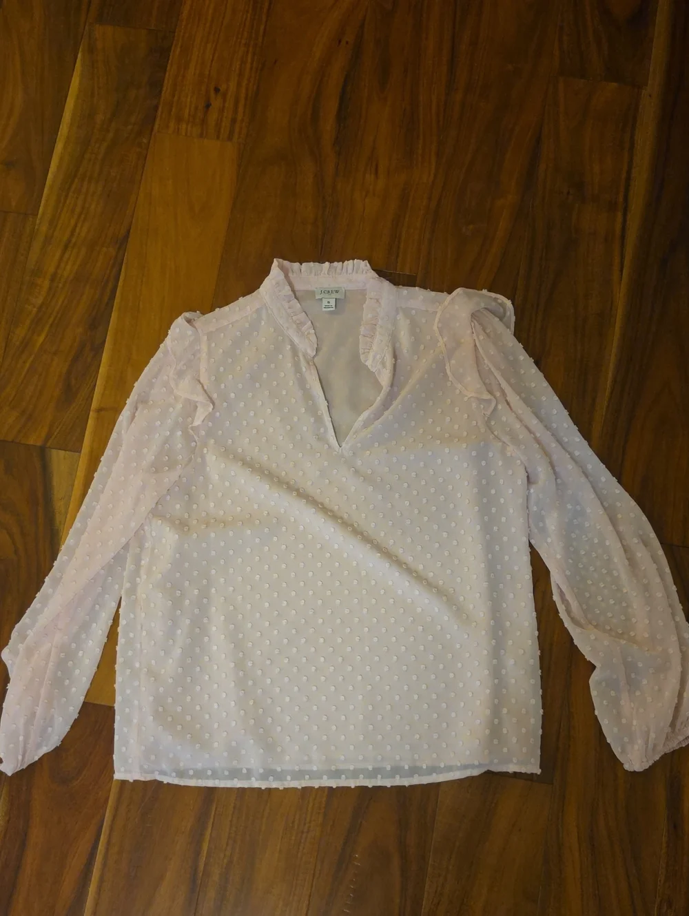 J. Crew Light Pink Swiss Dot Ruffle V-Neck Blouse